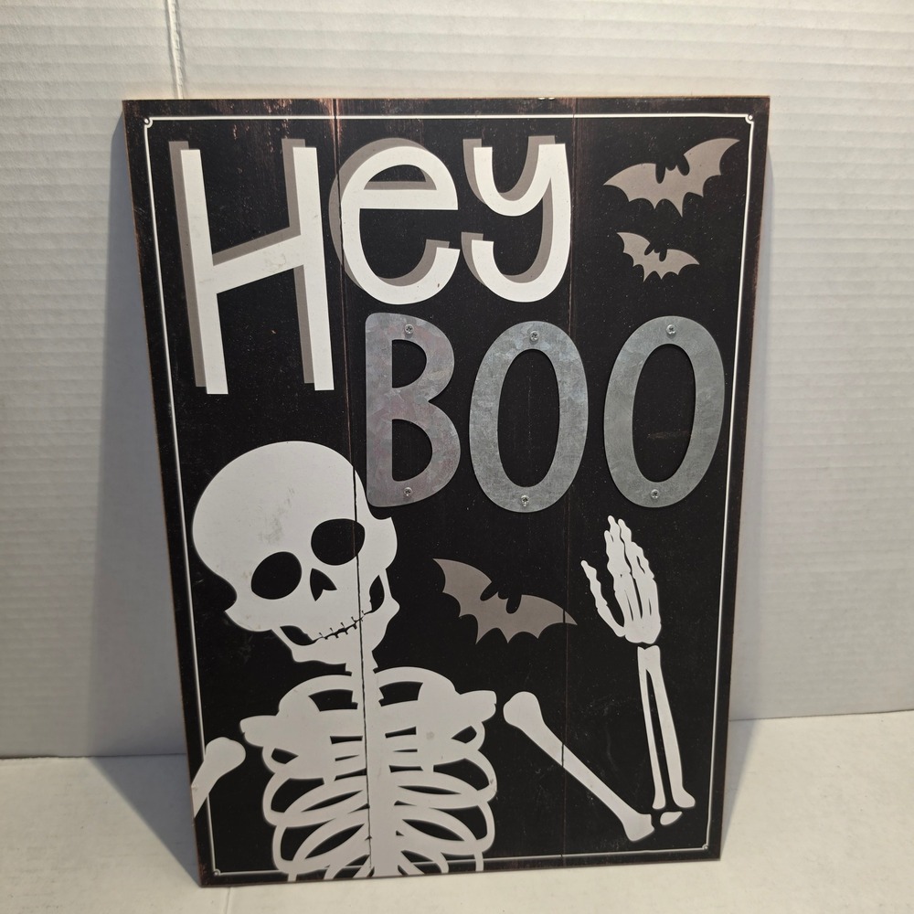 Halloween Hey Boo Skeleton Wall Decor Sign Galvanized Metal Letters 16x12